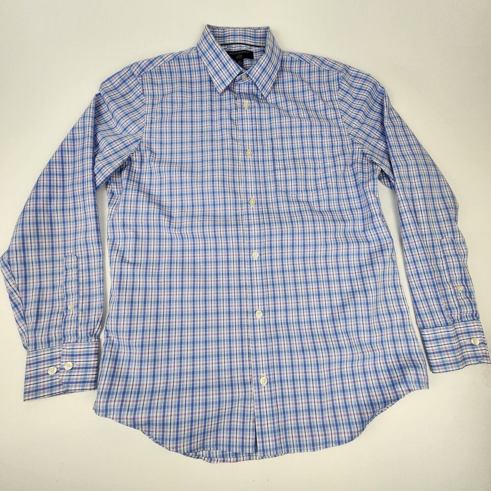 Banana Republic Mens M 15 15.5 Blue Pink Plaid Non Iron Slim Fit Dress Shirt